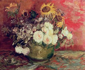 Girasoli, rose e altri fiori in una ciotola, 1886